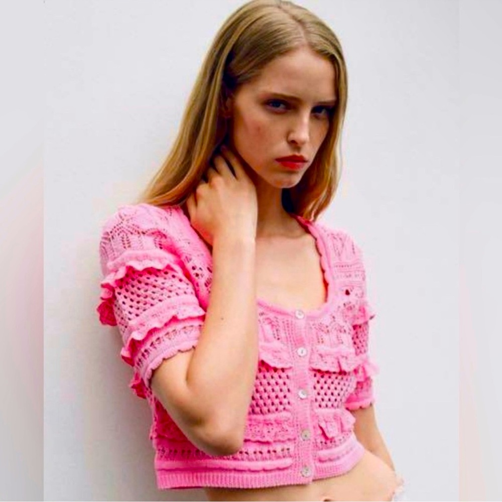 NWT Zara Pink Pointelle Crochet Knit Button-Up Crop Cardigan Sweater